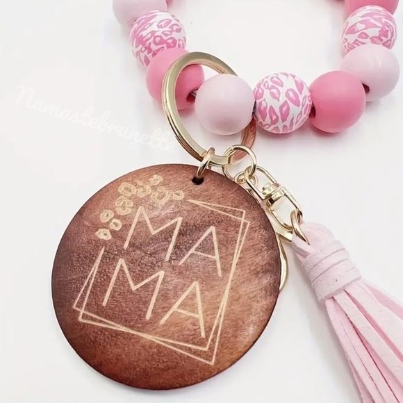 Wooden Beaded Mama Keychain Bag Charm With Pink Tassel - Picture 6 of 13